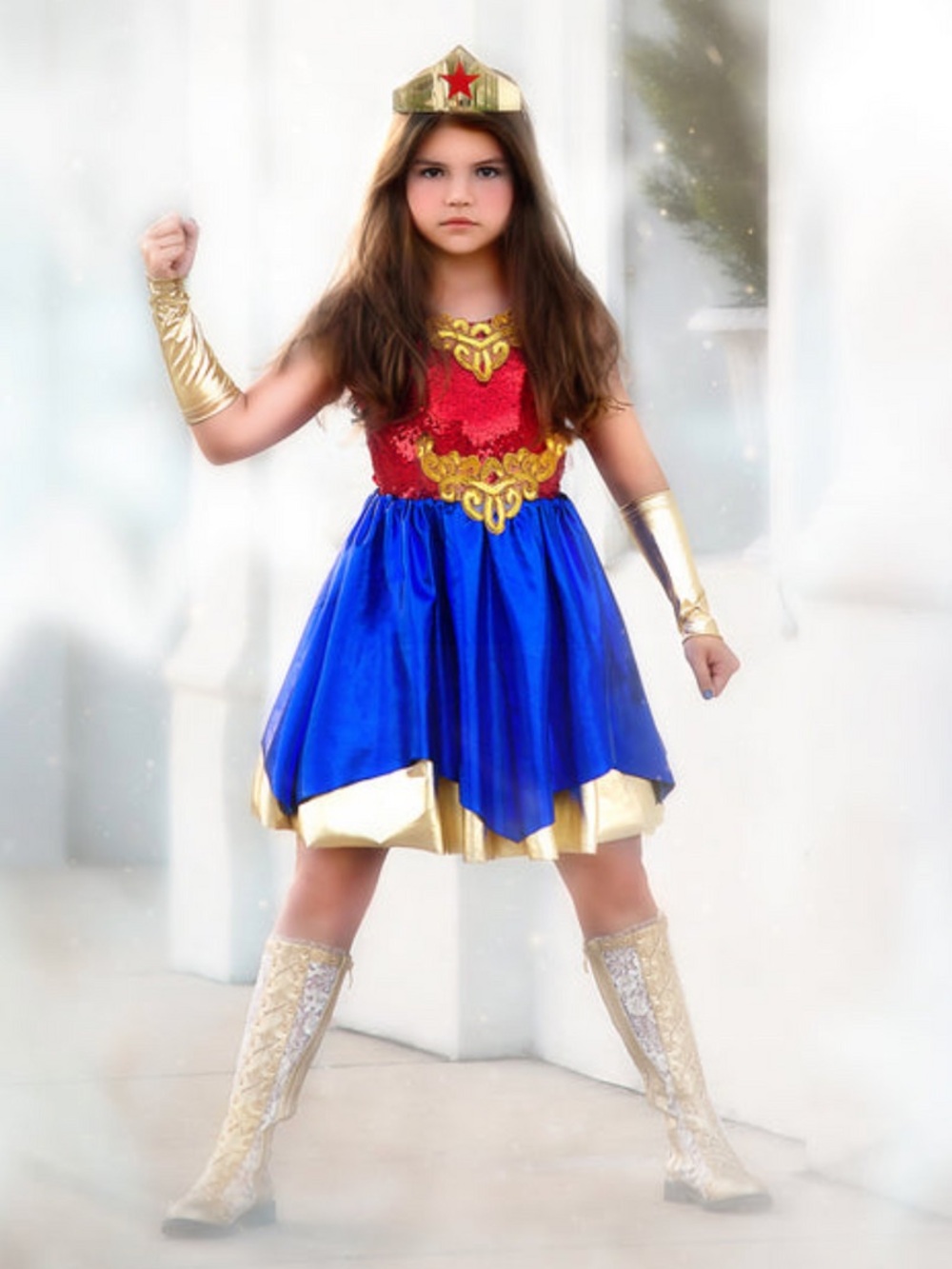 Girls Superhero Costume Dress with Red, Blue & Gold Accents